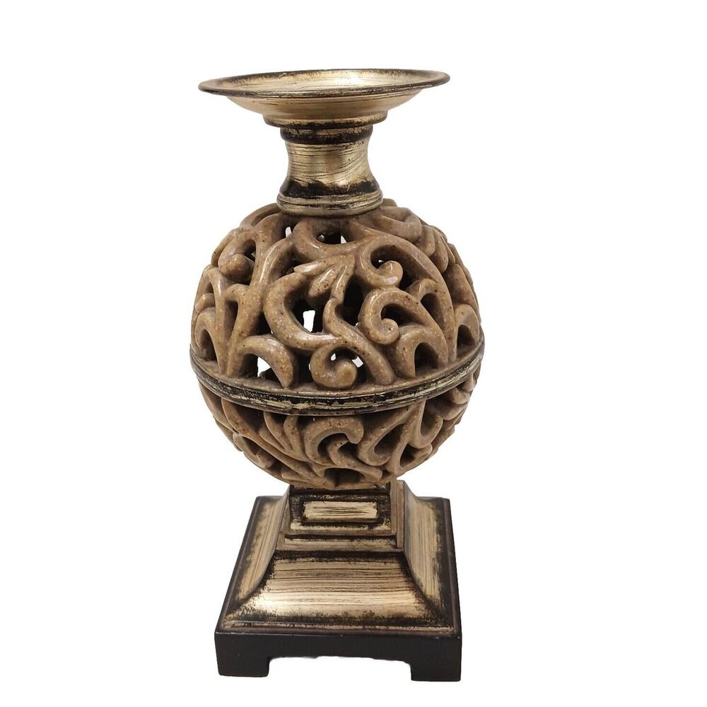Ornate Candle Holder 12" Art Deco Faux Alabaster Cut Out Globe Morrocan Boho VNT